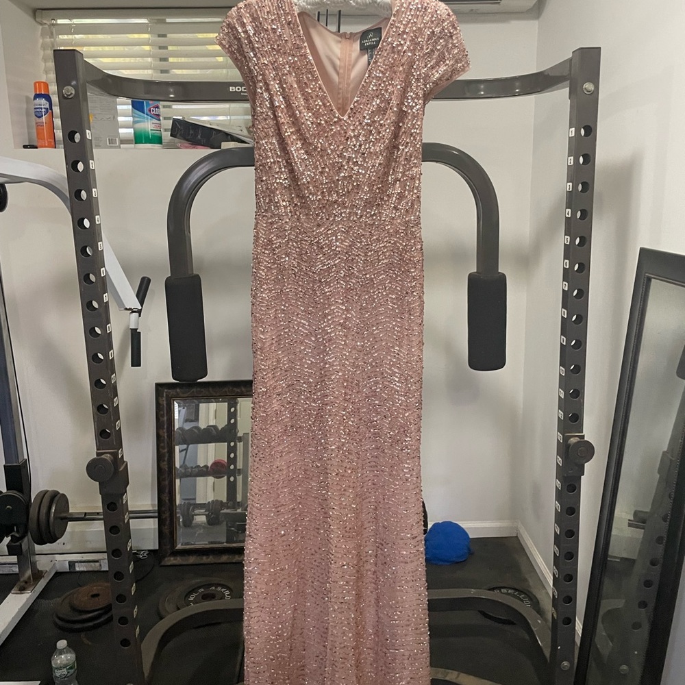 Adrianna Papell size 4 beaded gown, worn once. Light pink/taupe color